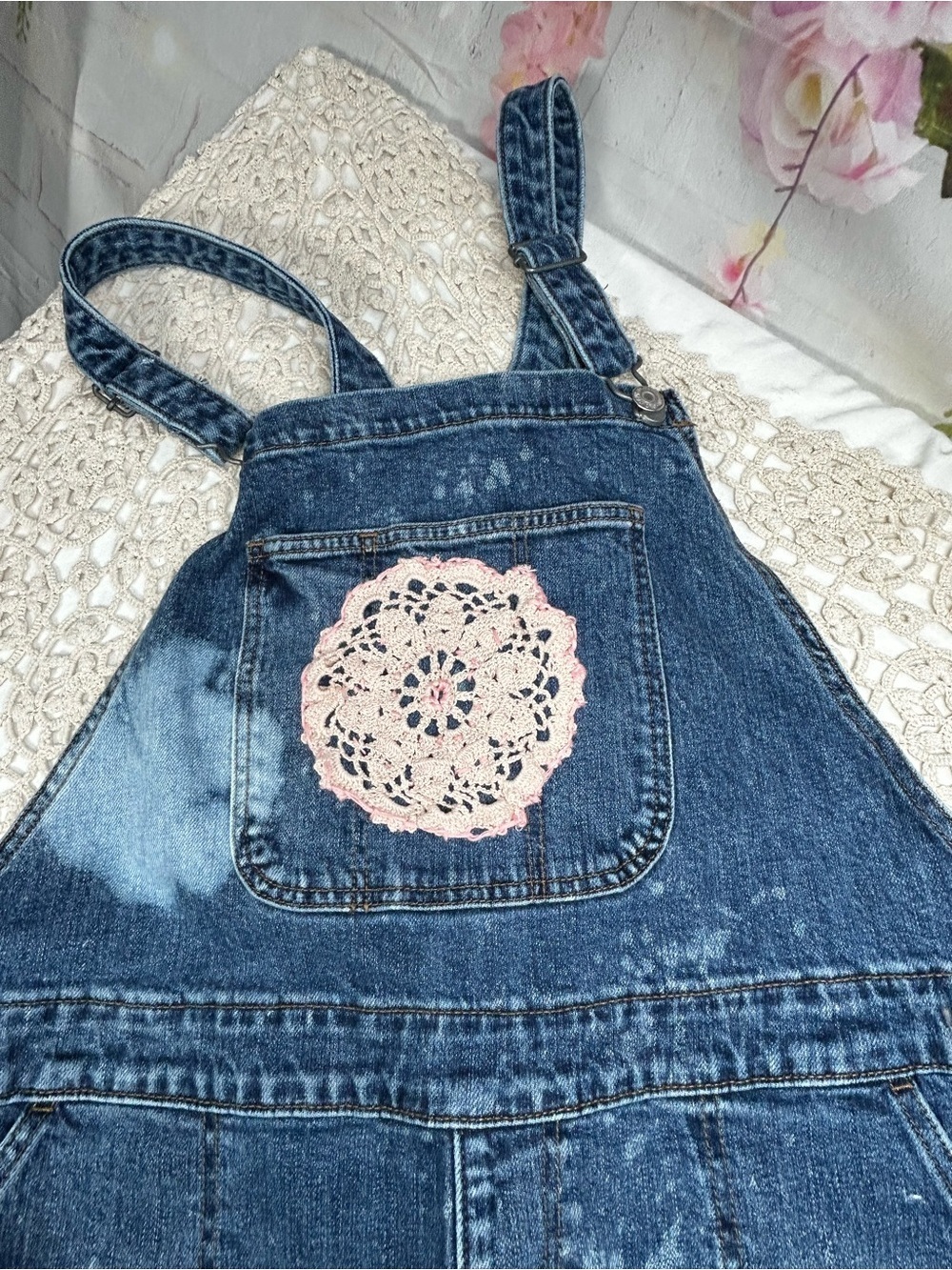 Overall Floral Boho Denim Old Navy Size 18 (Fits size L/ XL women’s) Upcycle - Picture 5 of 15